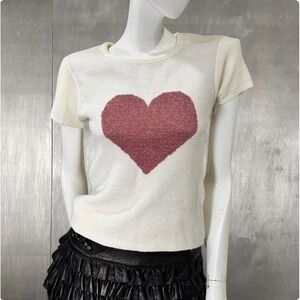 Y2K Knit Avenue Sparkly Heart Sweater Tee Cream Fitted Baby Tee‎ USA Coquette